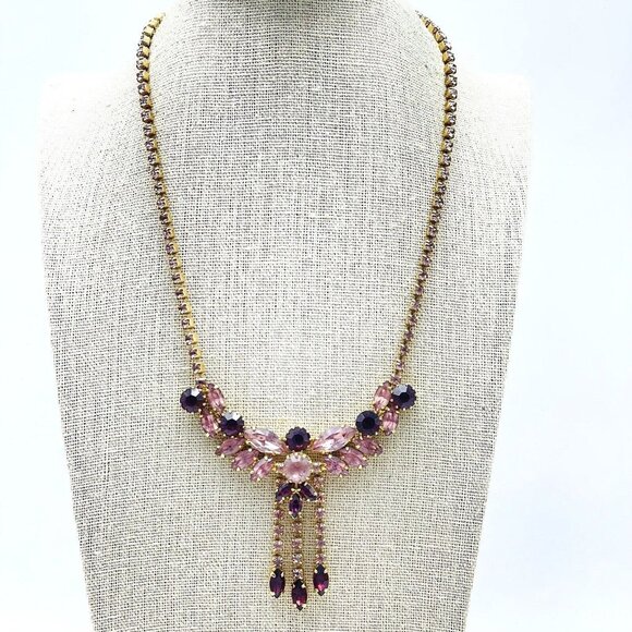 Pink Purple Rhinestone Choker Necklace Gold Tone Glam Bling Sparkle Holiday Gift - Picture 1 of 8